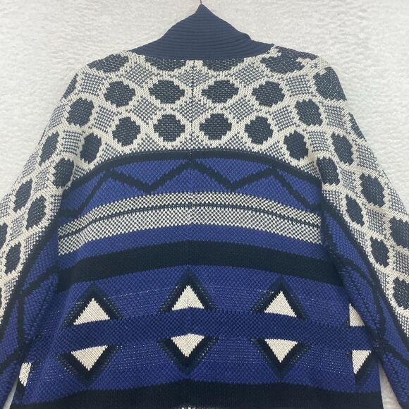 Lucky Brand Sweater Womens Small Blue Cardigan Geo Print Chunky Knit Cozy Pocket - Picture 6 of 10